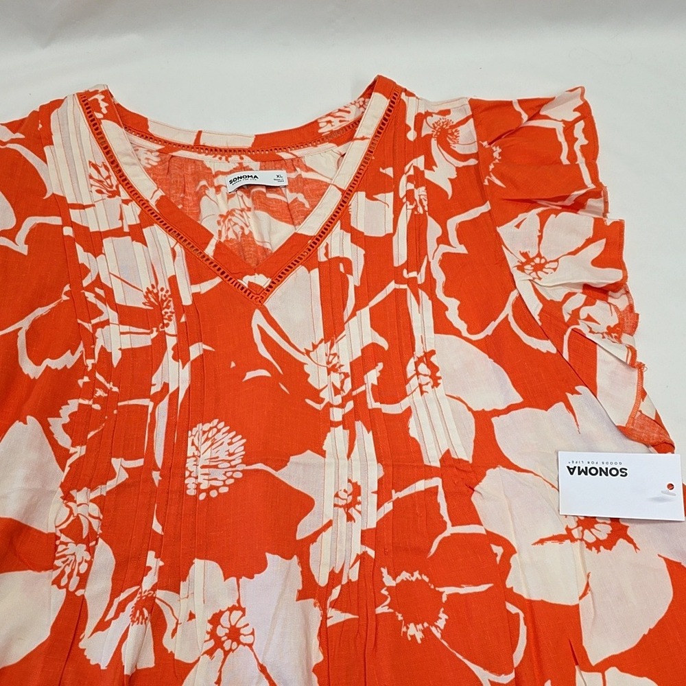 NWT Sonoma Blouse Womens XL‎ Orange Floral Rayon Linen Flutter Sleeve V-Neck Top